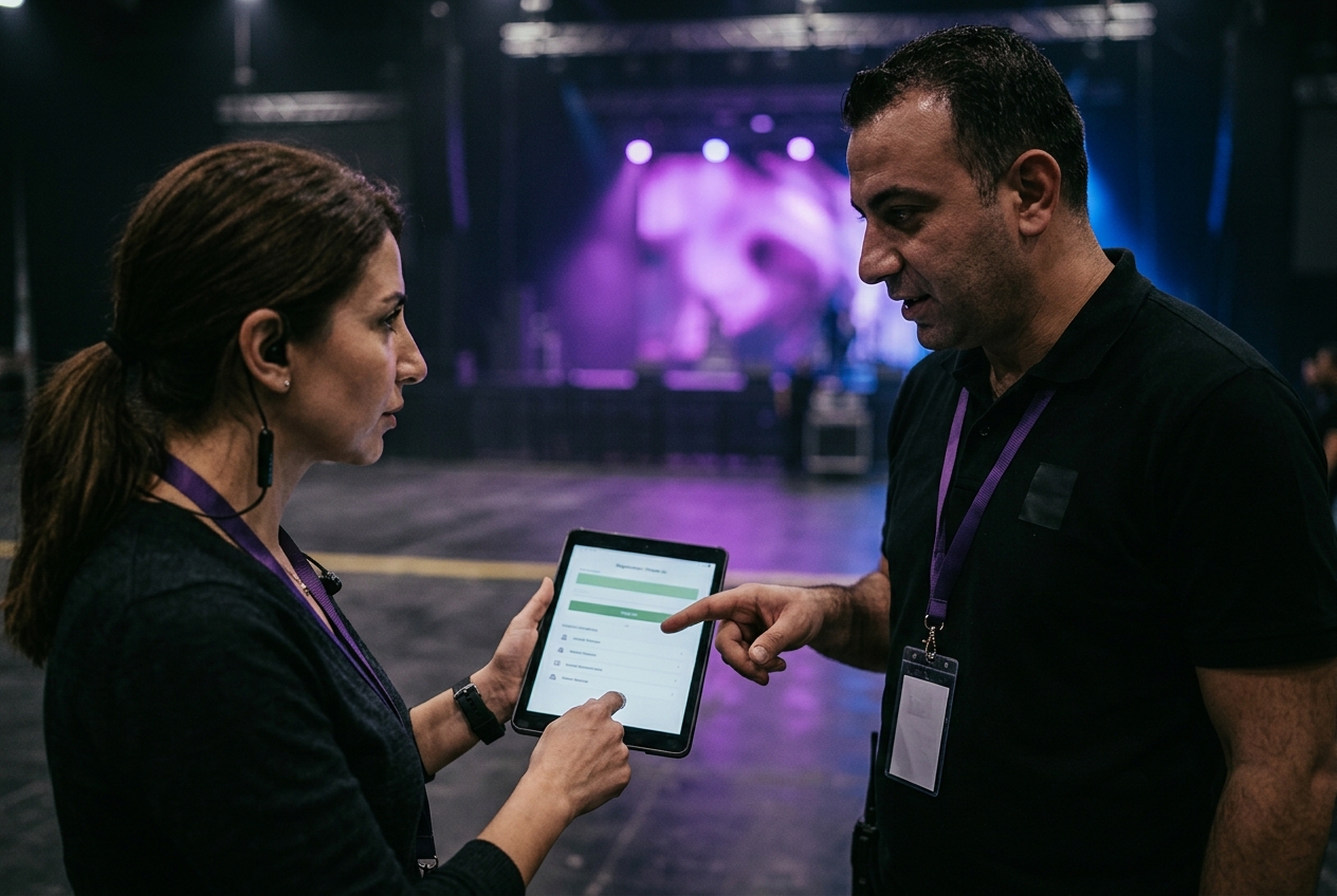 Close-up of two Eventology staff reviewing a registration tablet together