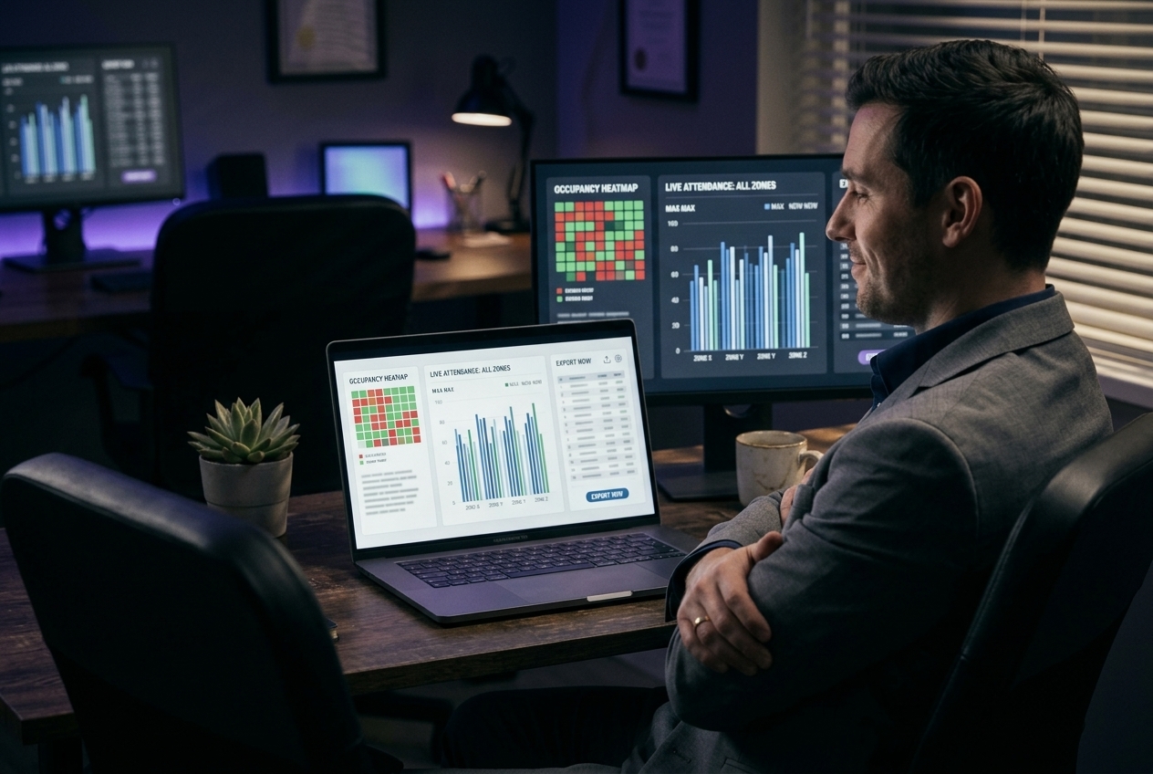 Analyst reviewing live event attendance dashboards on multiple monitors