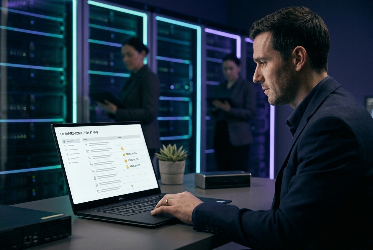 IT engineer monitoring a security dashboard in a server room