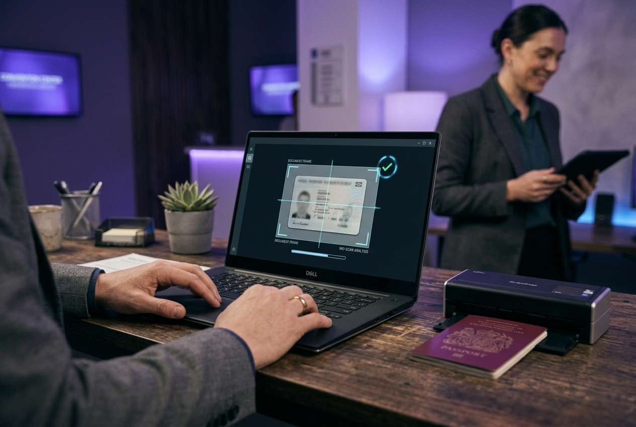Staff member verifying an attendee's ID document with an AI scan overlay
