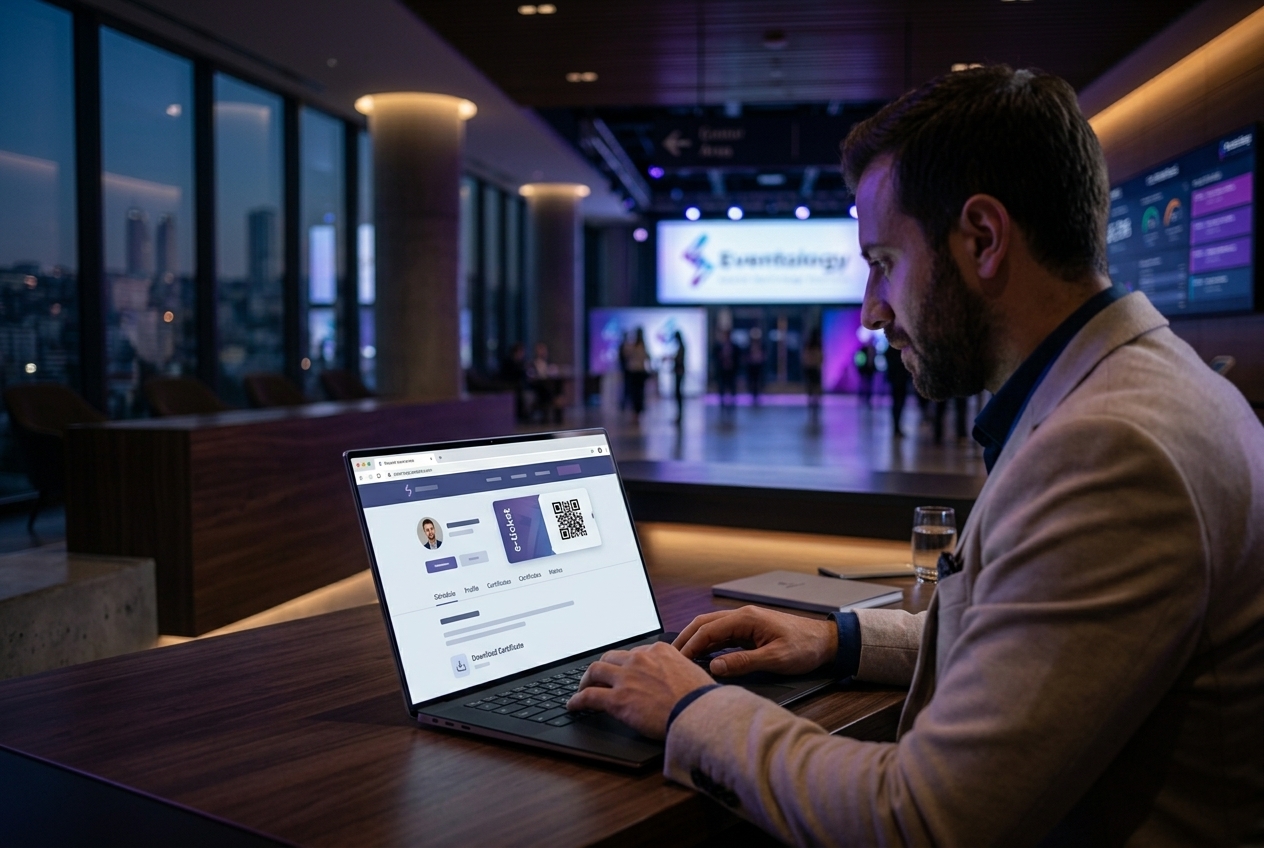 Attendee accessing a personal event portal website on a laptop