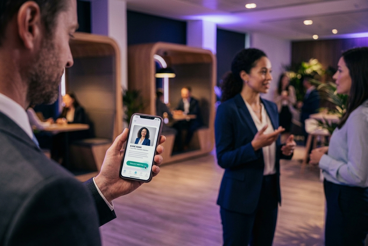 Business attendee viewing a meeting request in a matchmaking app