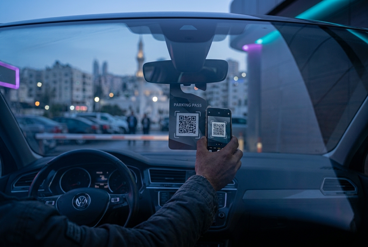 Parking attendant scanning a QR car pass through a car windshield at a venue gate