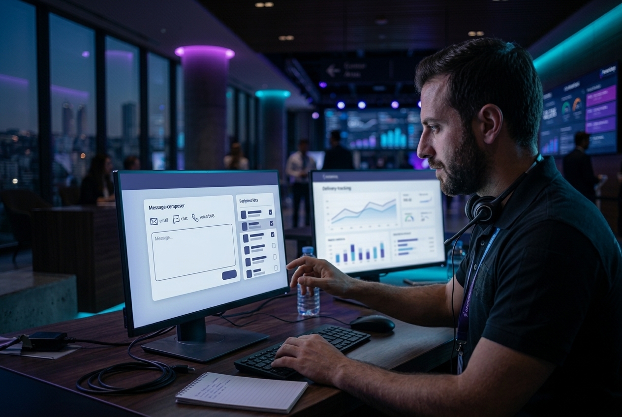 Operations staff composing a multi-channel attendee message from a control desk