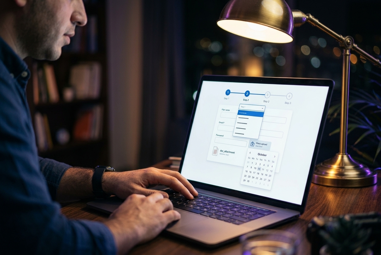 Person filling out a multi-step online registration form on a laptop