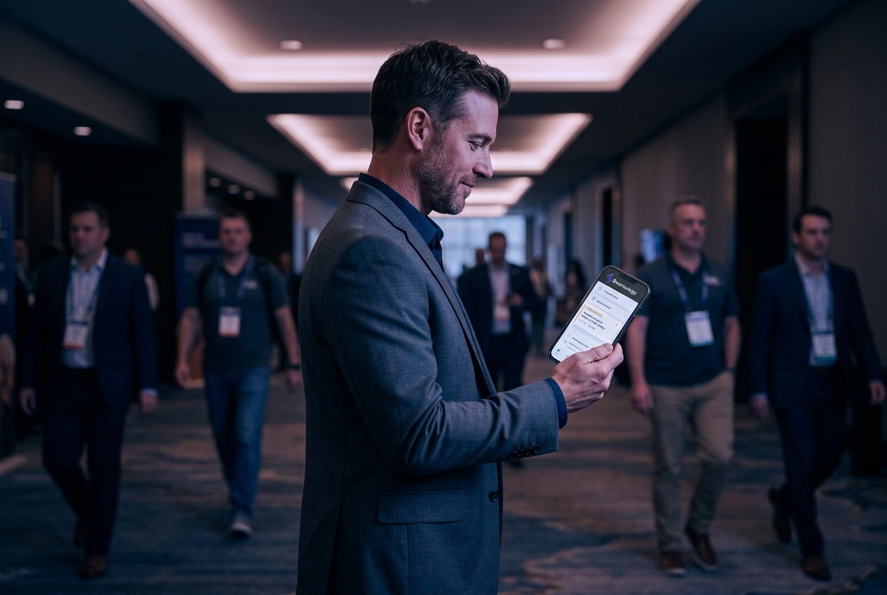 Attendee checking a branded event app on their phone in a conference hallway