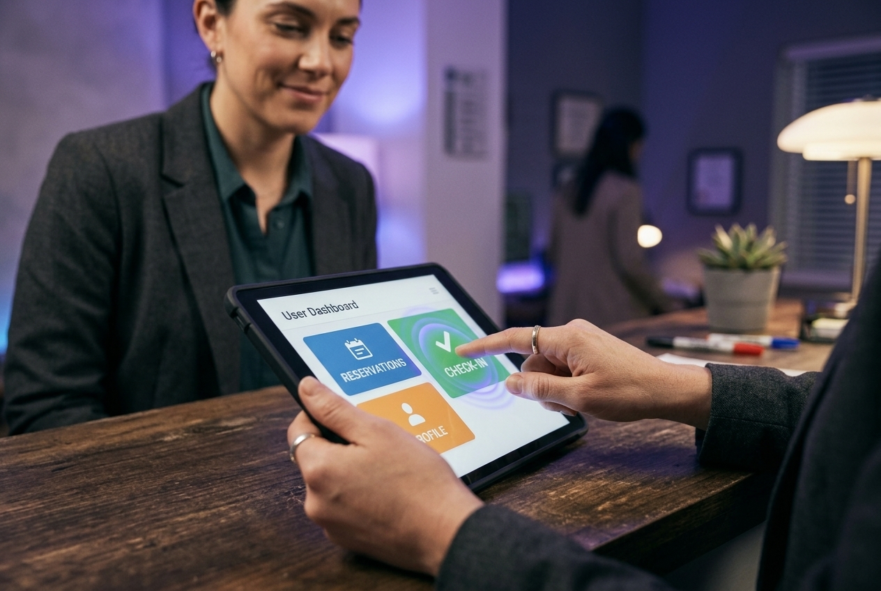 Staff member operating a simple check-in dashboard on a tablet