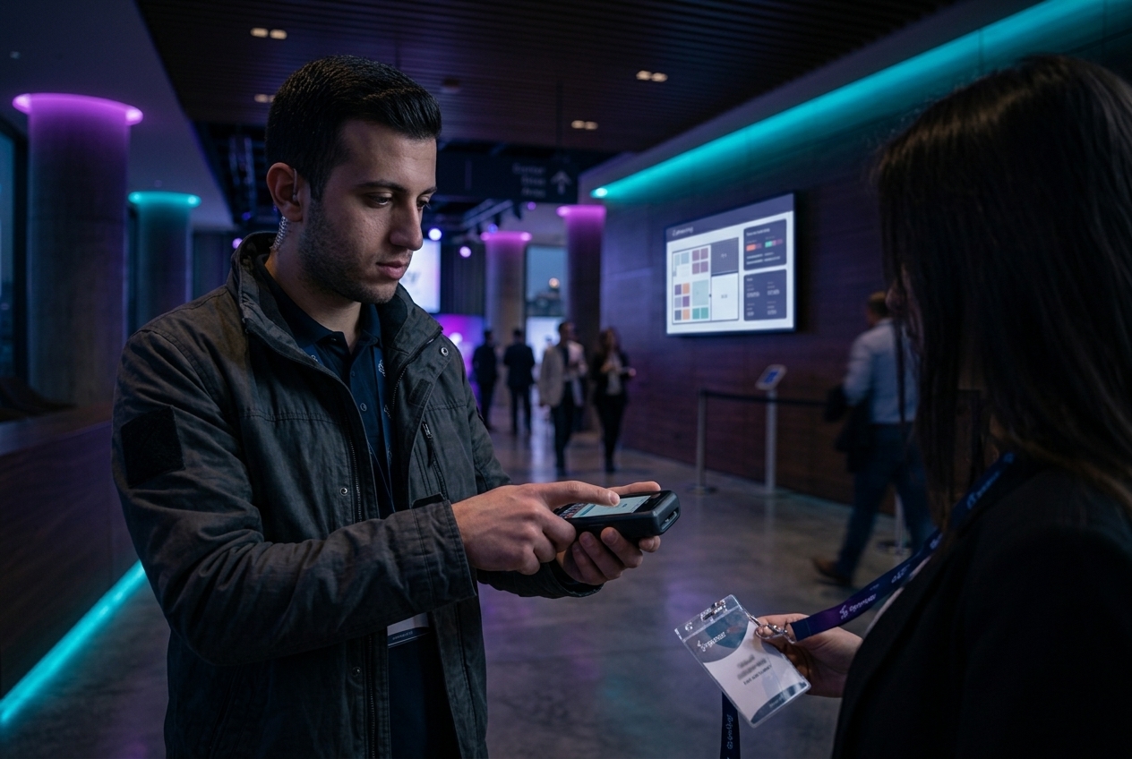 Security officer scanning an attendee badge with a handheld reader at a zone gate