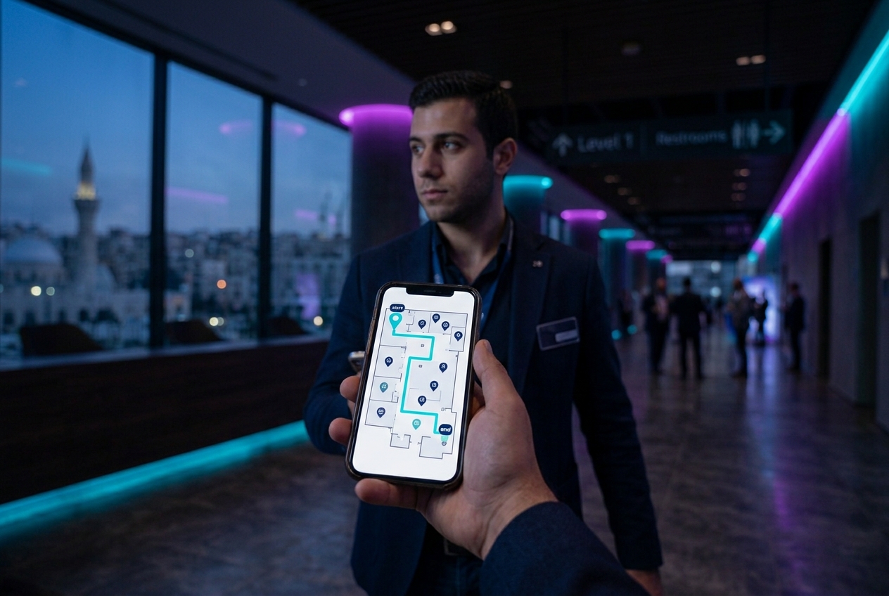 Attendee using an interactive venue floorplan on a touchscreen kiosk