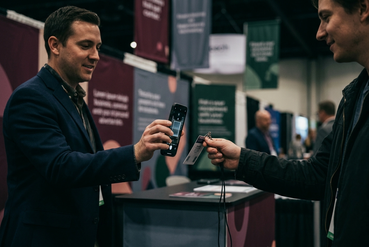 Exhibitor scanning a visitor's badge to capture a lead at a booth