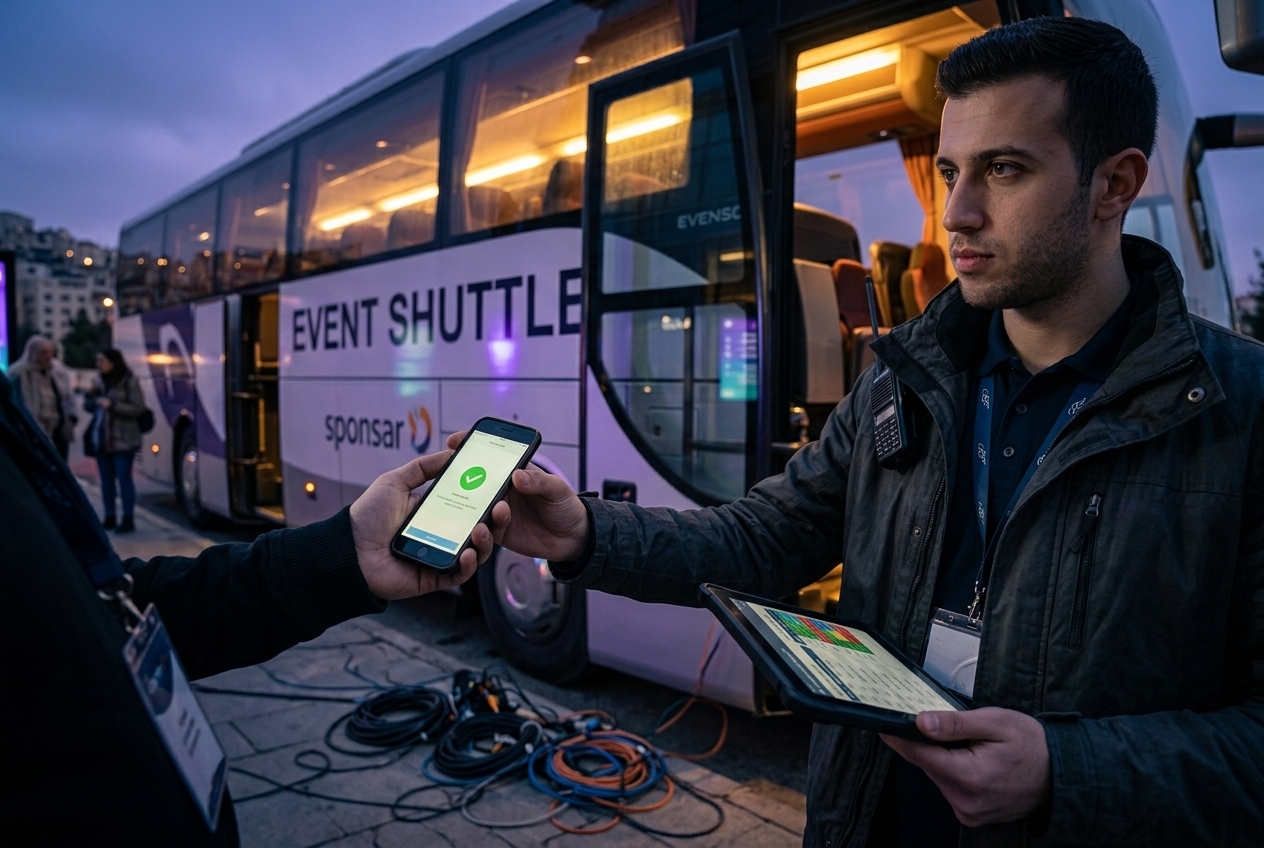 Staff member scanning a badge on a phone beside an event shuttle bus