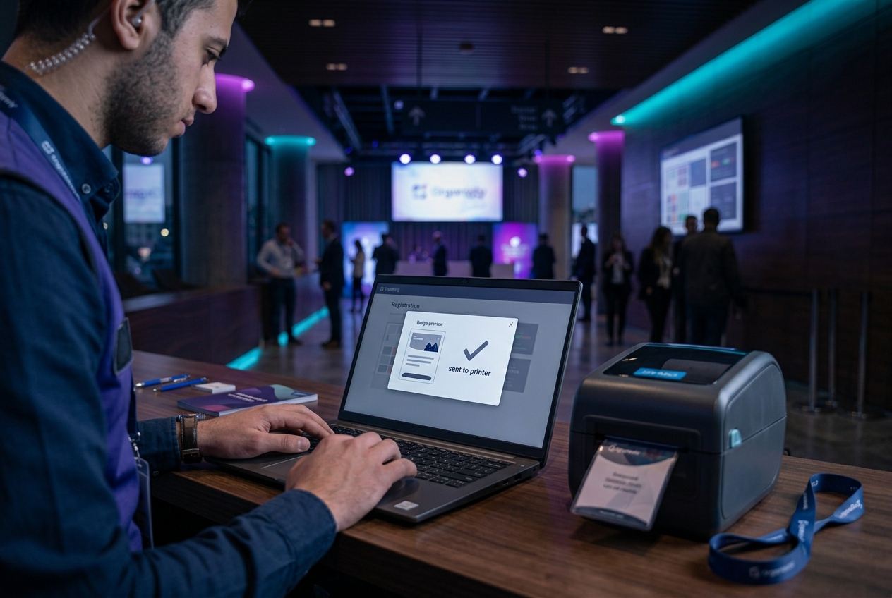 Staff member loading badge stock into a badge printer at a registration counter