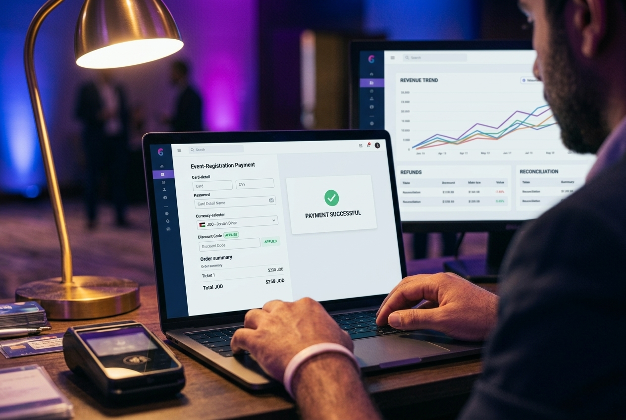 Online event registration checkout page with a payment step and financial dashboard