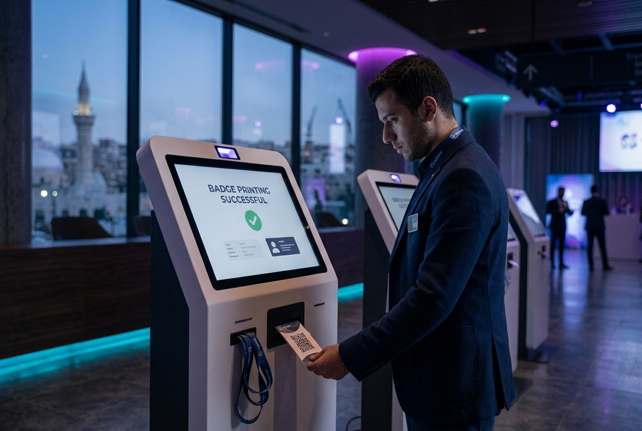 Attendee printing their own badge at a standalone self-service kiosk