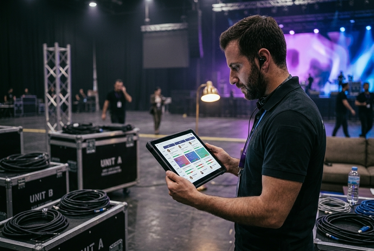 Event coordinator reviewing a multi-day session agenda on a tablet backstage