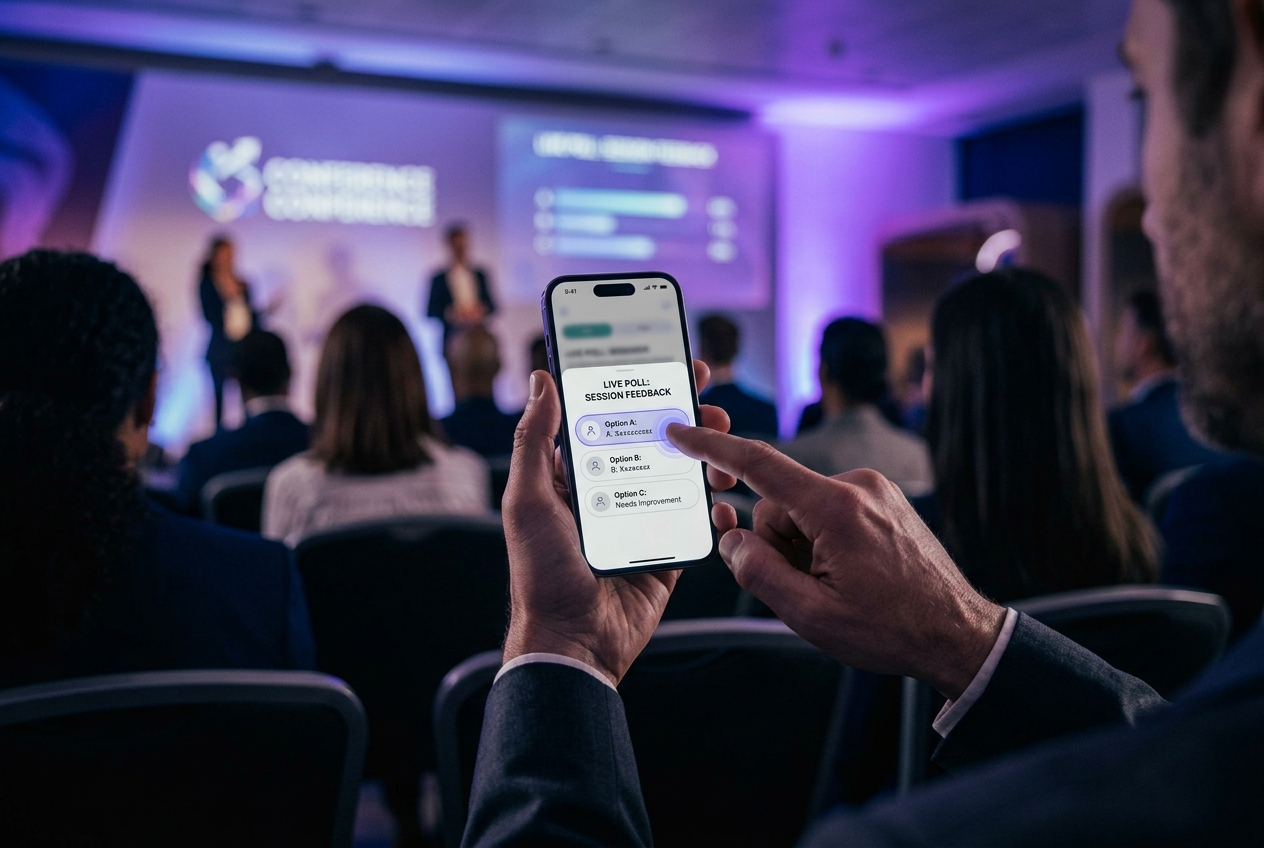 Conference audience responding to a live poll displayed on the stage screen