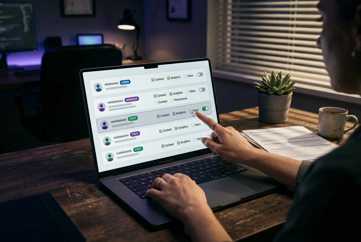 Event manager reviewing a role-based user permissions dashboard on a laptop
