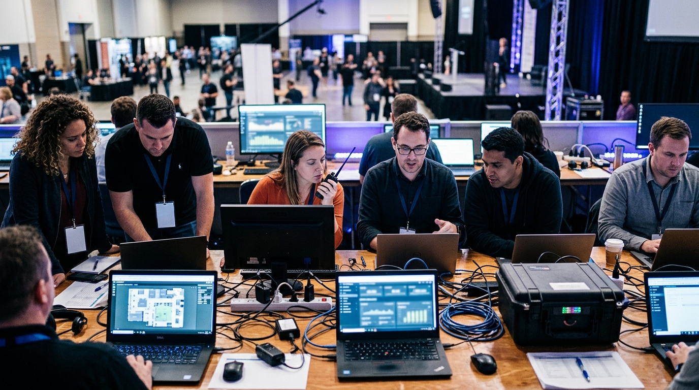 Mixed operations and engineering team reviewing dashboards at an on-site event command desk