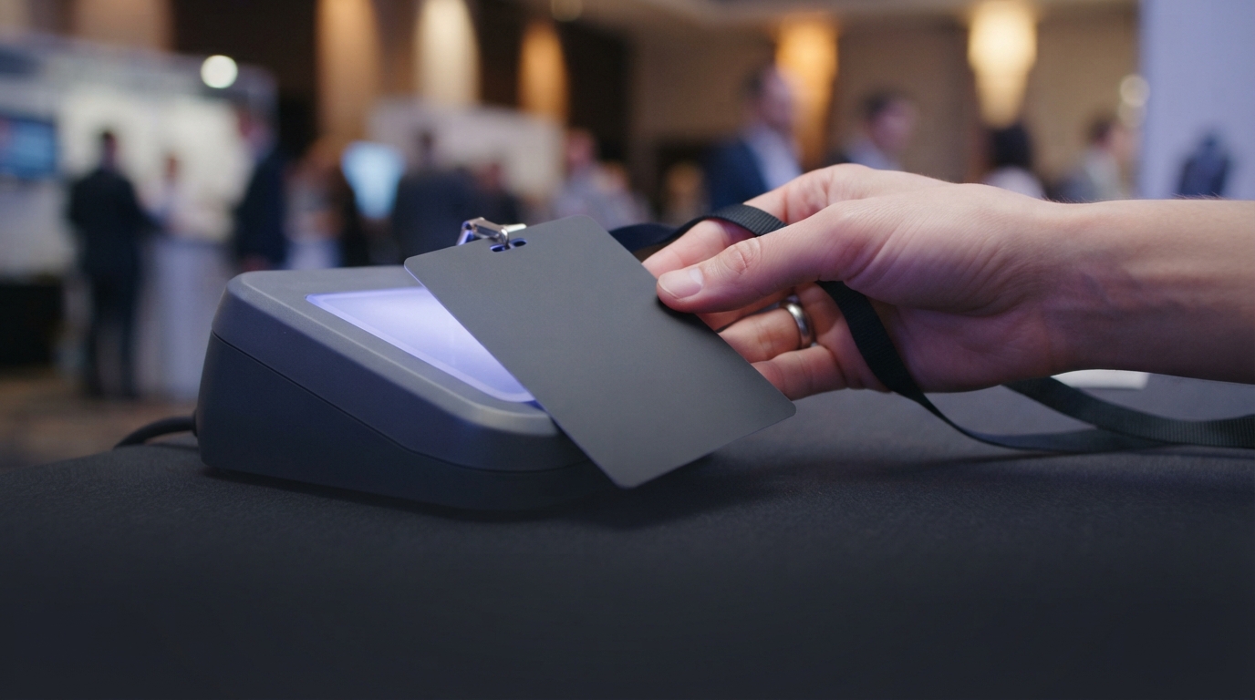 A hand tapping a lanyard badge against a glowing access control scanner at a conference