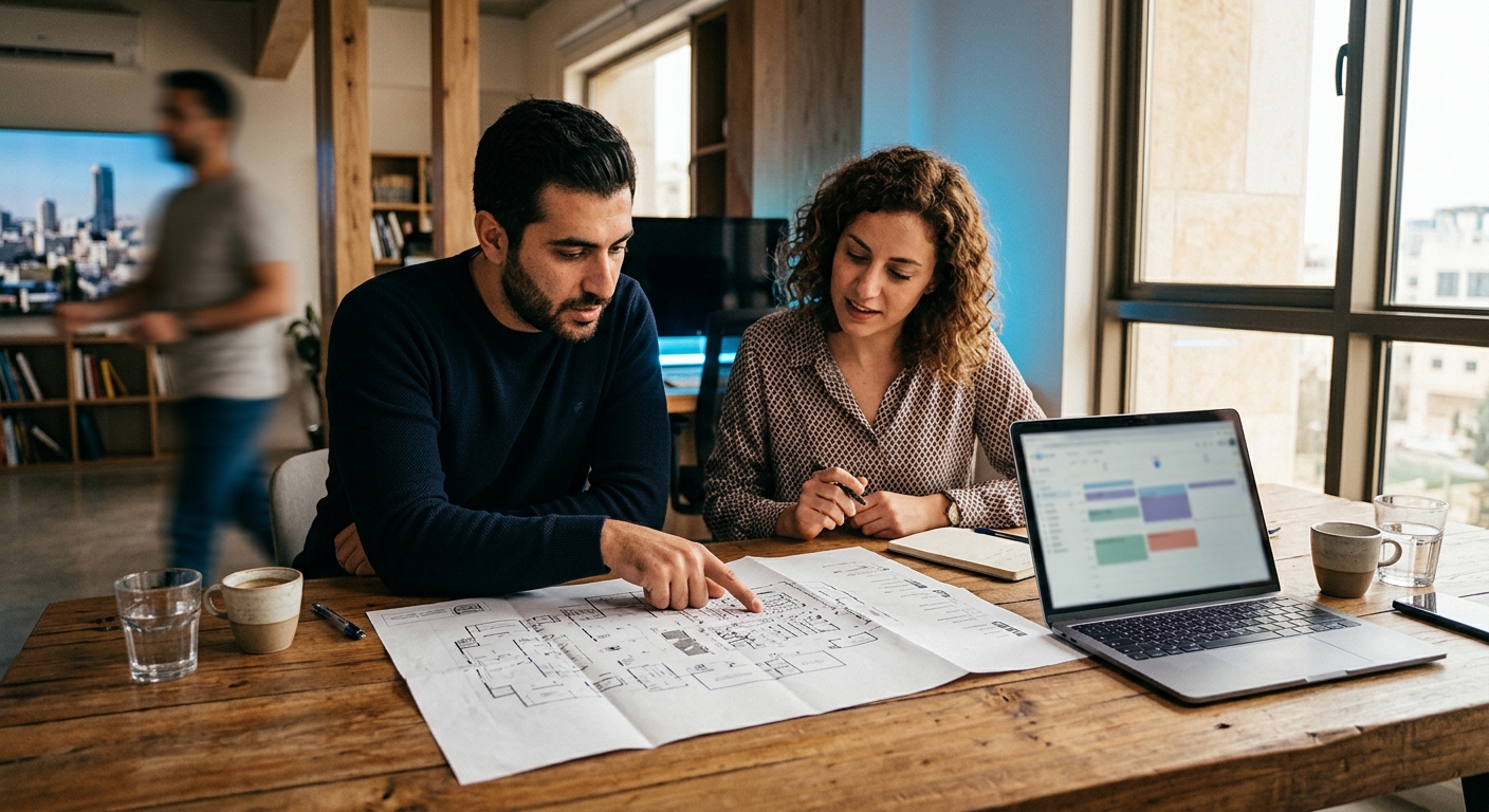 Two people reviewing an event floor plan together at a table