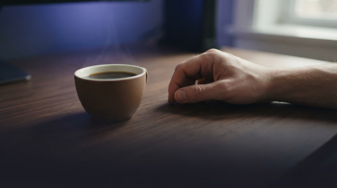 A cup of coffee on a desk beside a hand, with a softly blurred glowing screen in the background
