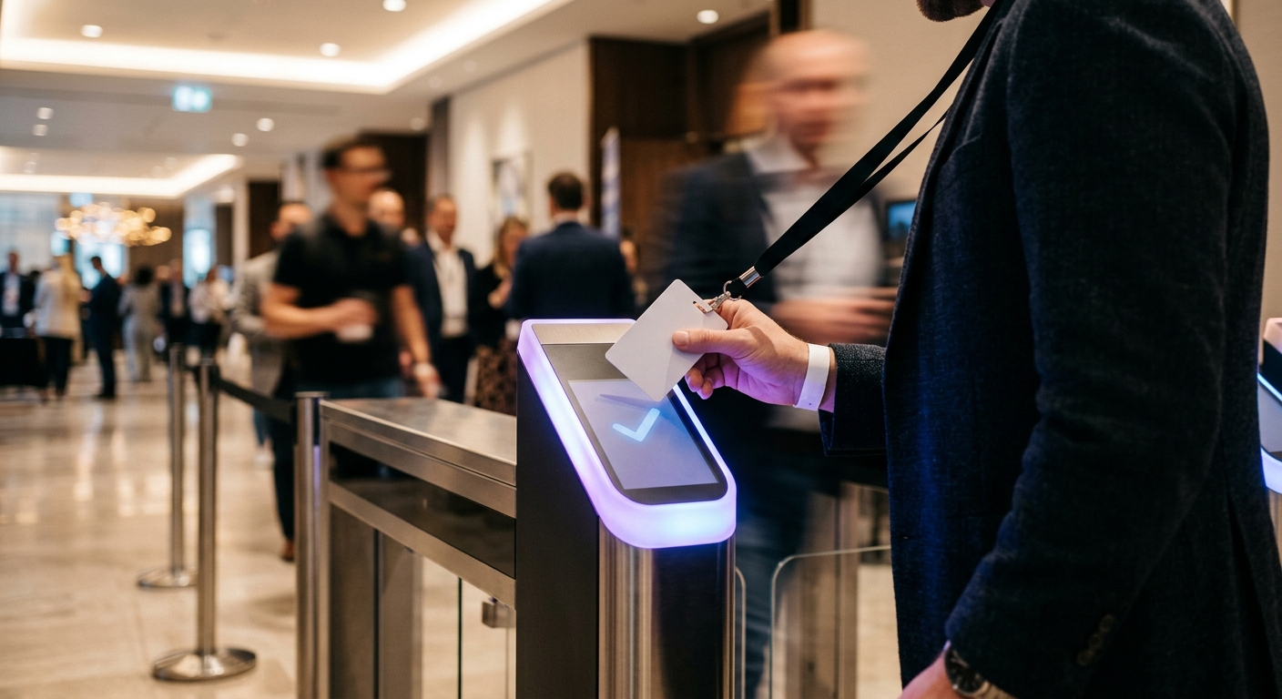 Attendee tapping a badge against a glowing access-control turnstile reader