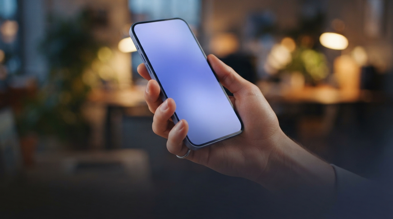 A hand holding a smartphone with a softly glowing screen in a warm office setting