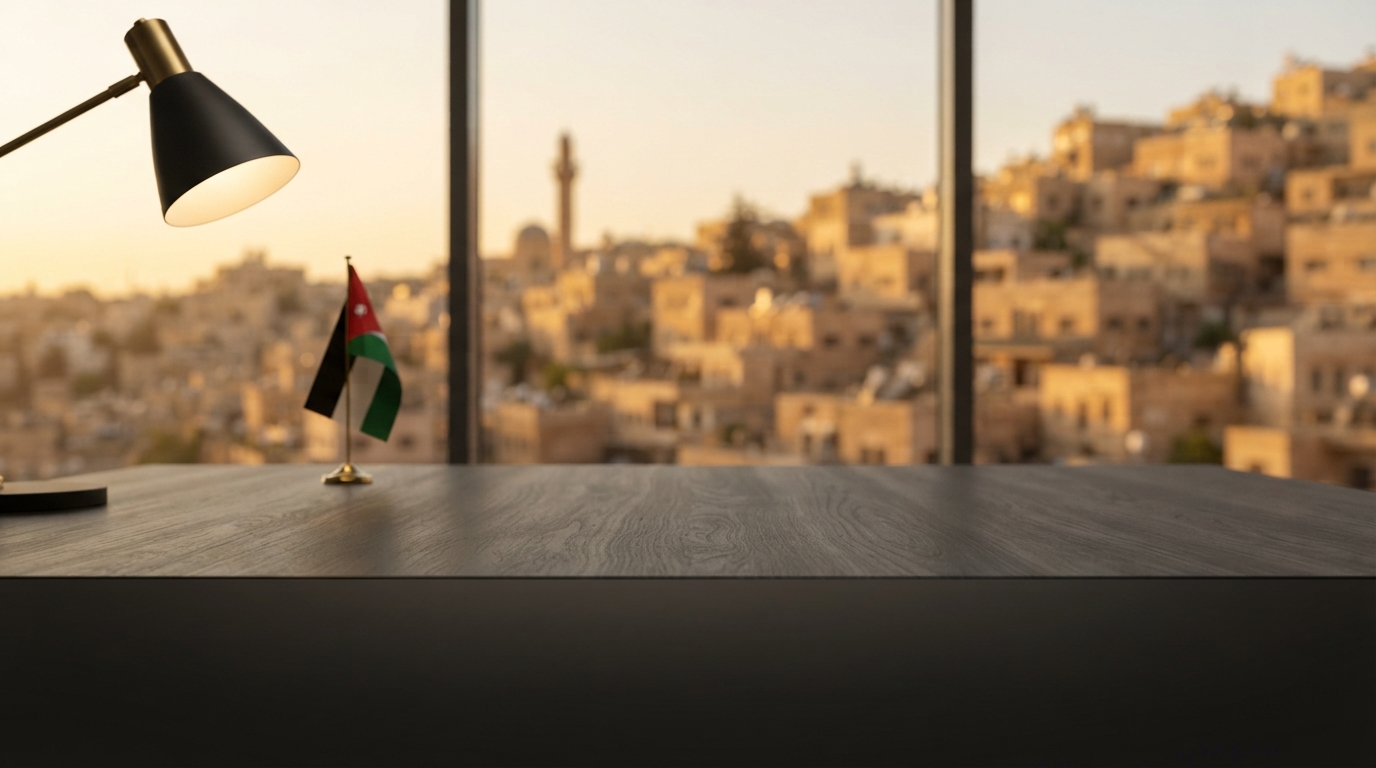 A small Jordanian flag on an office desk with the Amman skyline visible through a window at golden hour