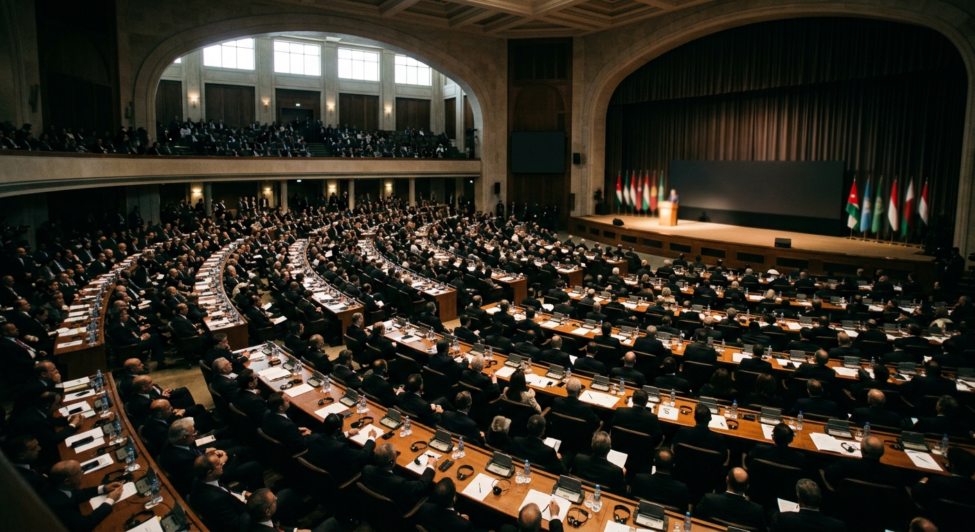 Delegates at a large formal international summit with national flags displayed