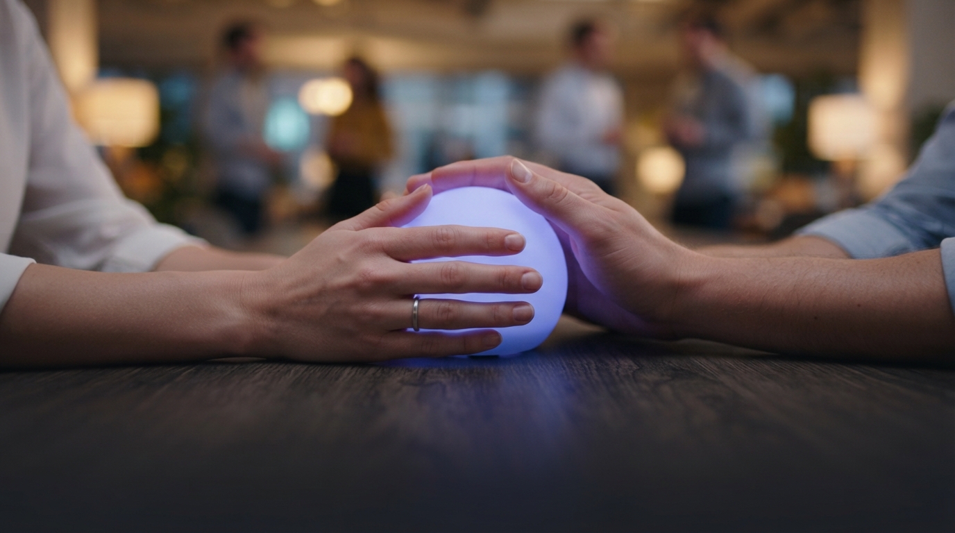 Two hands gently cupped around a soft glowing light, symbolizing protected data