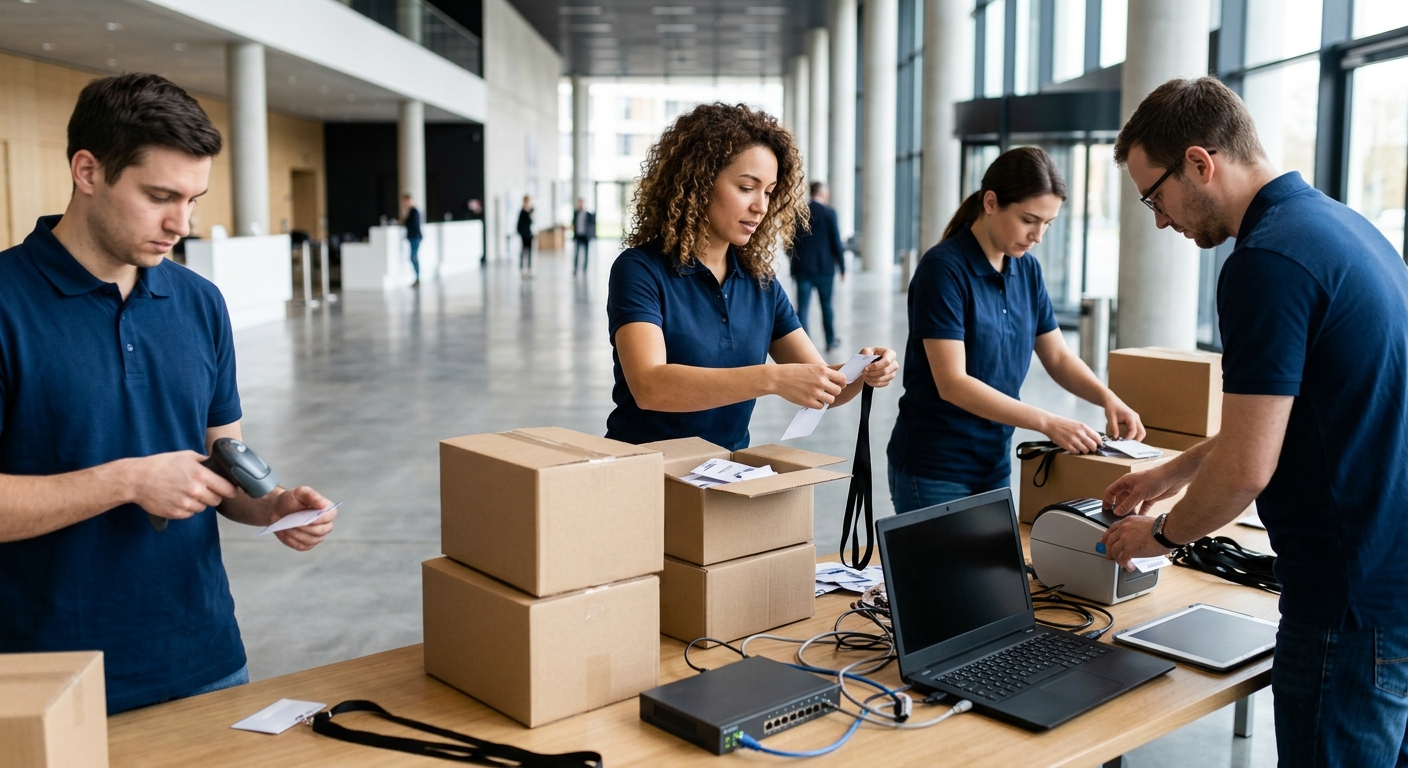 Staff unpacking and setting up registration hardware before an event