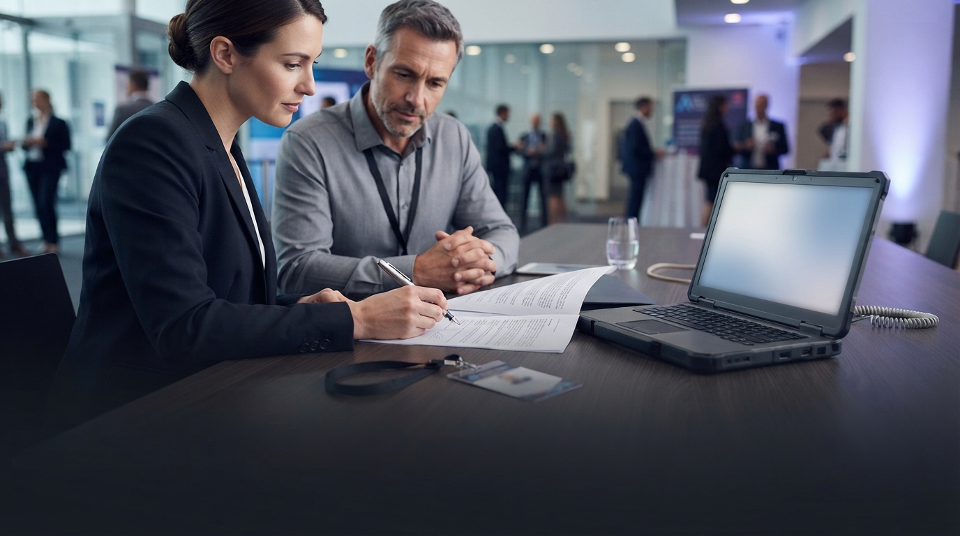 Two people at a table reviewing and signing a services agreement