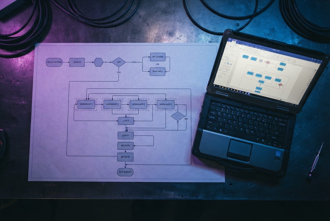 Printed branching workflow diagram beside a laptop showing the same diagram digitally
