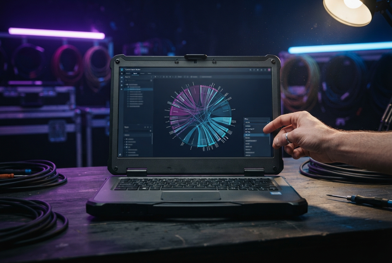 Laptop screen showing a custom radial data visualization in a report builder