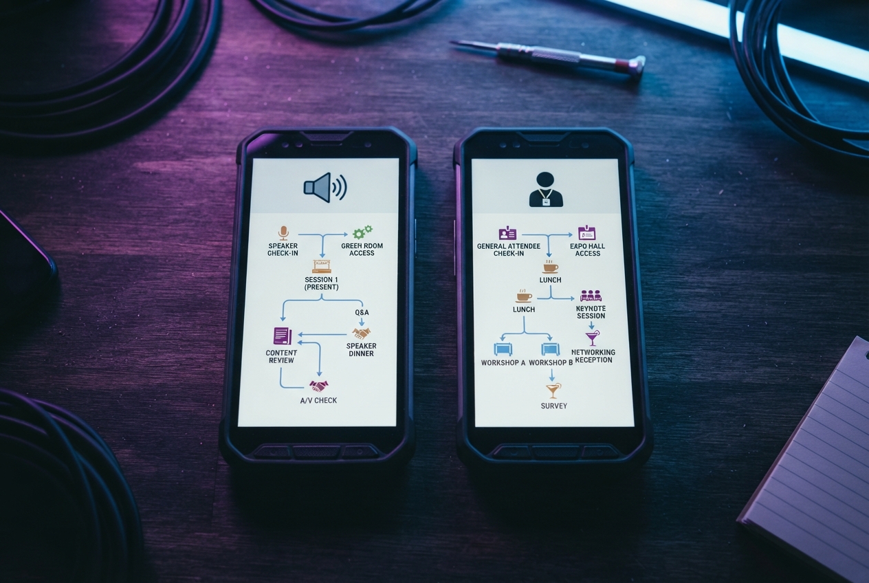 Two phones showing distinct attendee journey flows for speakers and general attendees