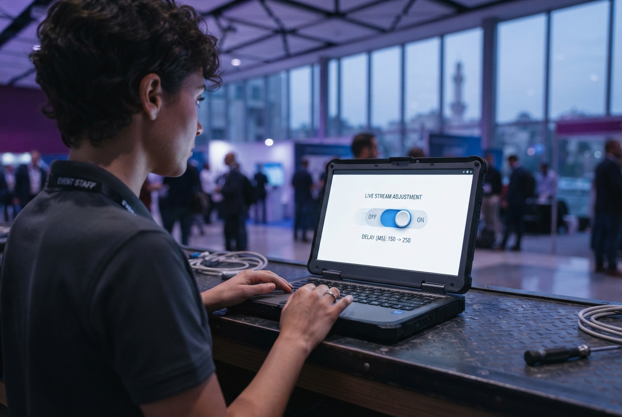 Staff member adjusting a live configuration setting on a laptop behind a registration desk during an event