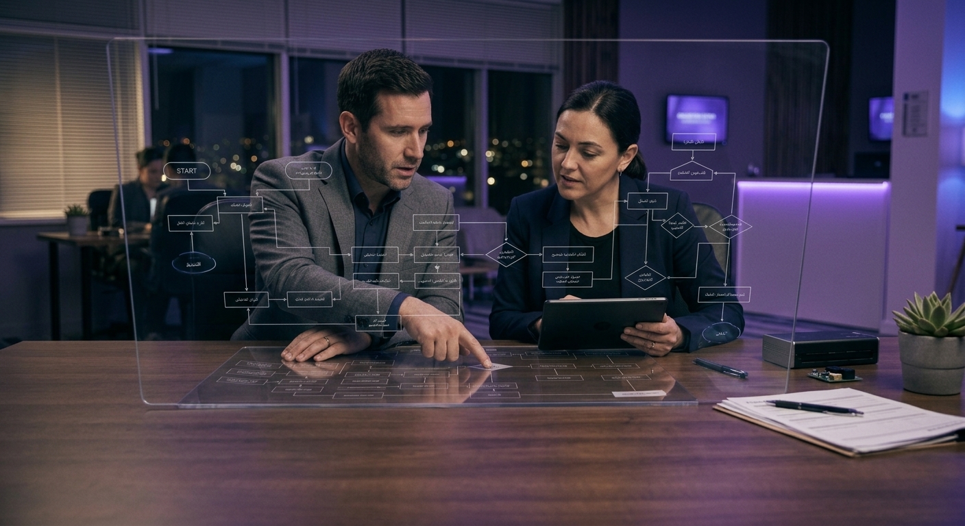 Consultant and client reviewing a custom event workflow diagram
