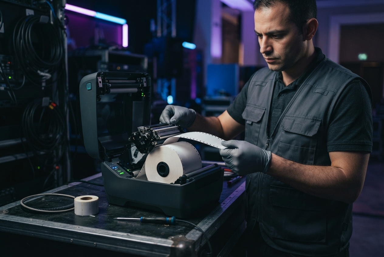 Technician loading badge stock into a high-speed badge printer