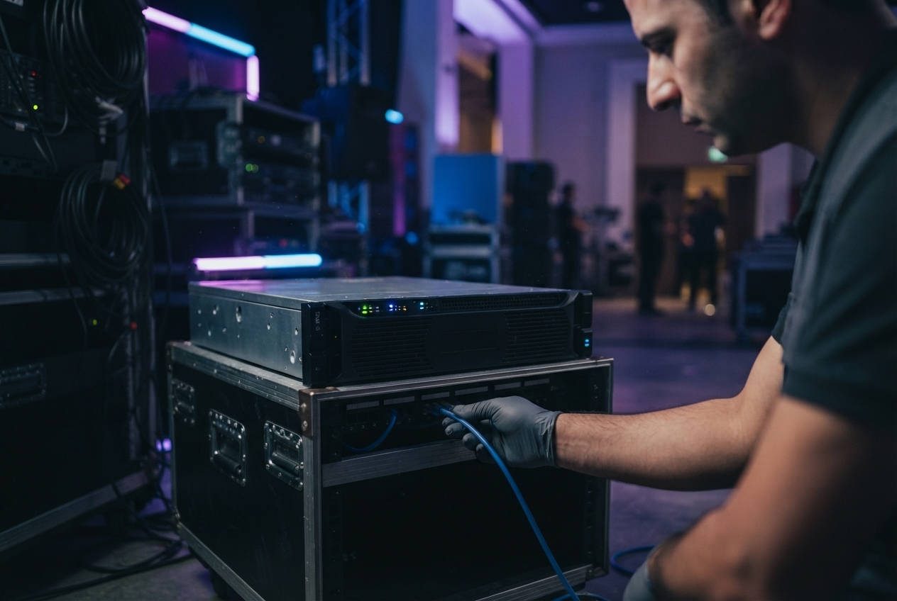 Technician adjusting a local server rack unit backstage