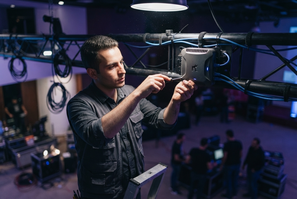Technician mounting a wireless access point on venue truss rigging