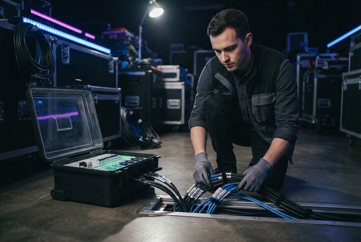 Technician organizing labeled cable runs and a power distribution box