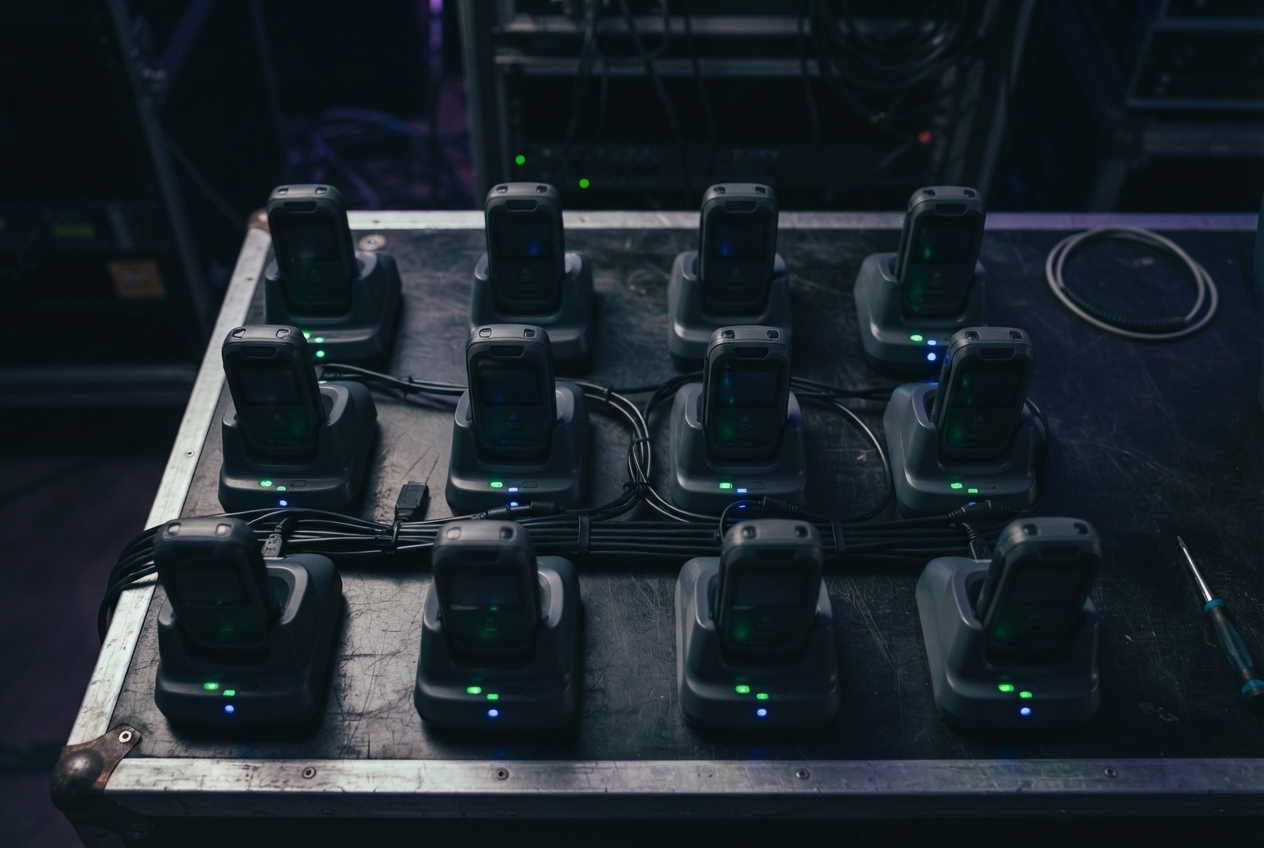 QR and RFID handheld scanners charging in docking cradles