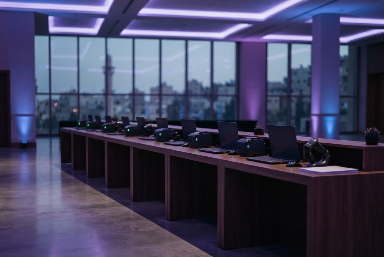 Row of pre-configured registration workstations set up before an event