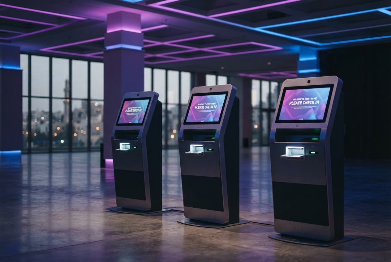 Row of self-service check-in kiosks ready in a venue lobby