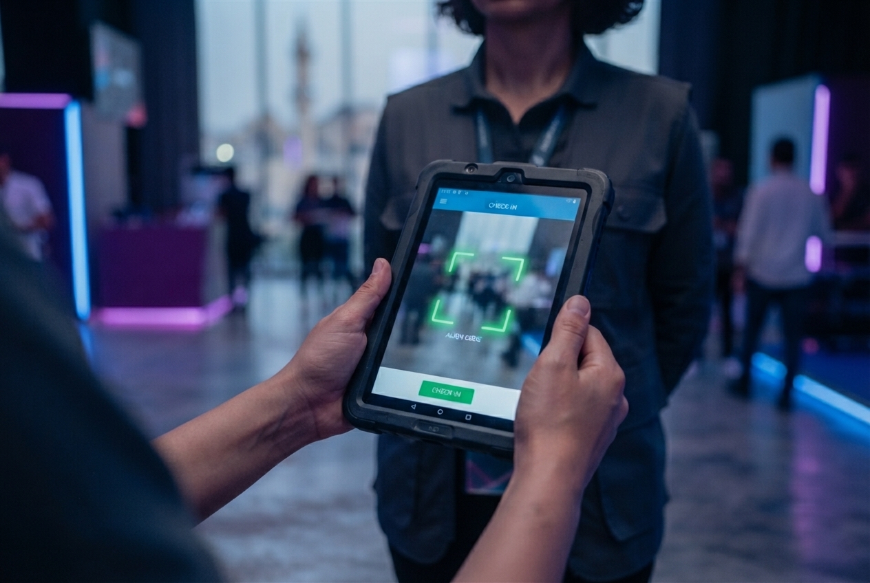 Staff member holding a tablet with a check-in scan interface