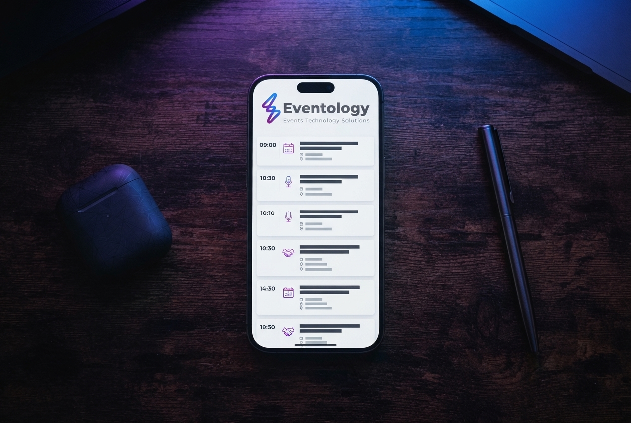 Branded Eventology mobile app home screen with a personalized agenda