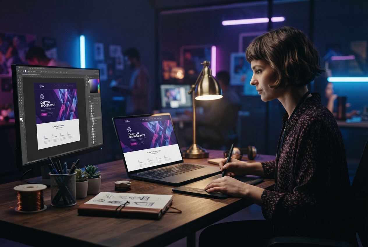Designer working on a custom-branded event website design