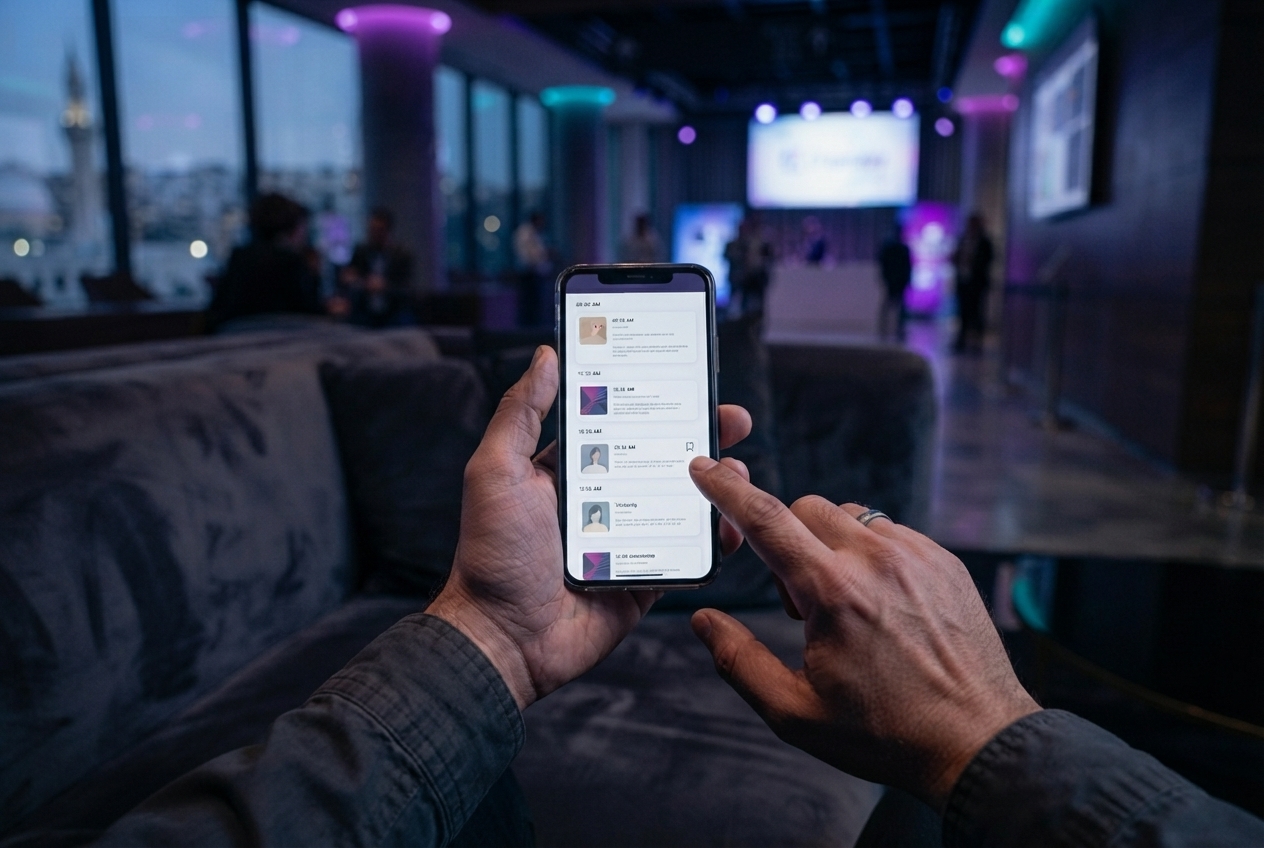 Attendee selecting sessions in a personalized agenda within the event app