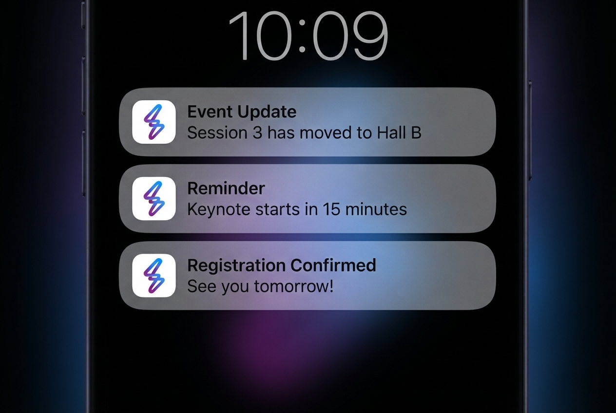 Phone lock screen showing a stack of Eventology push notifications
