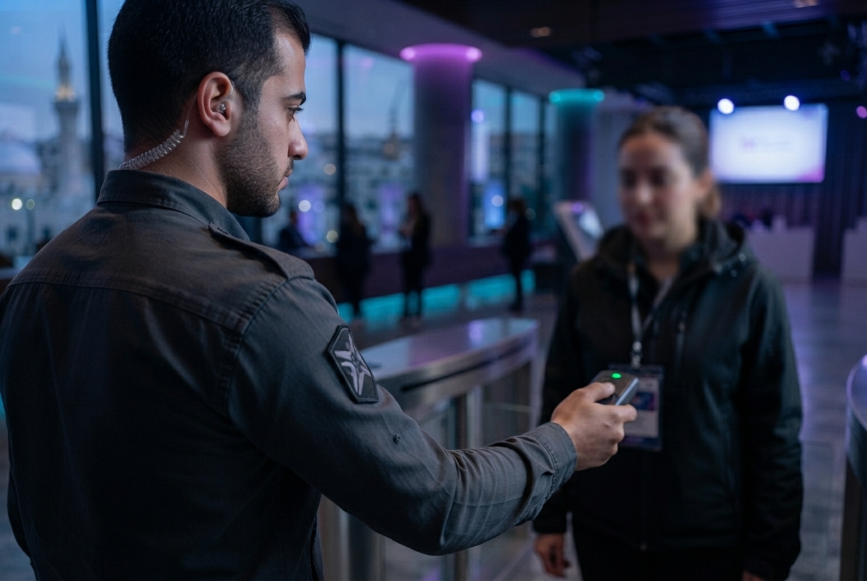 Access control officer scanning an attendee's badge at a zone gate